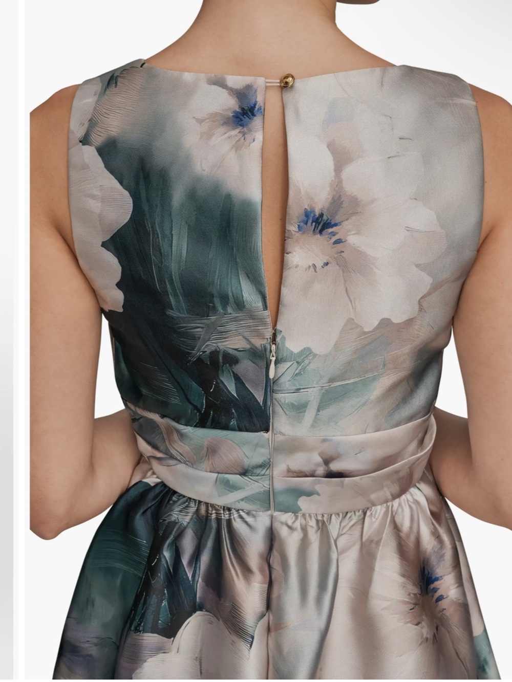 Donna Karan Floral Plunge Neck Ball Gown Dress - Cream & Teal - Picture 2 of 8